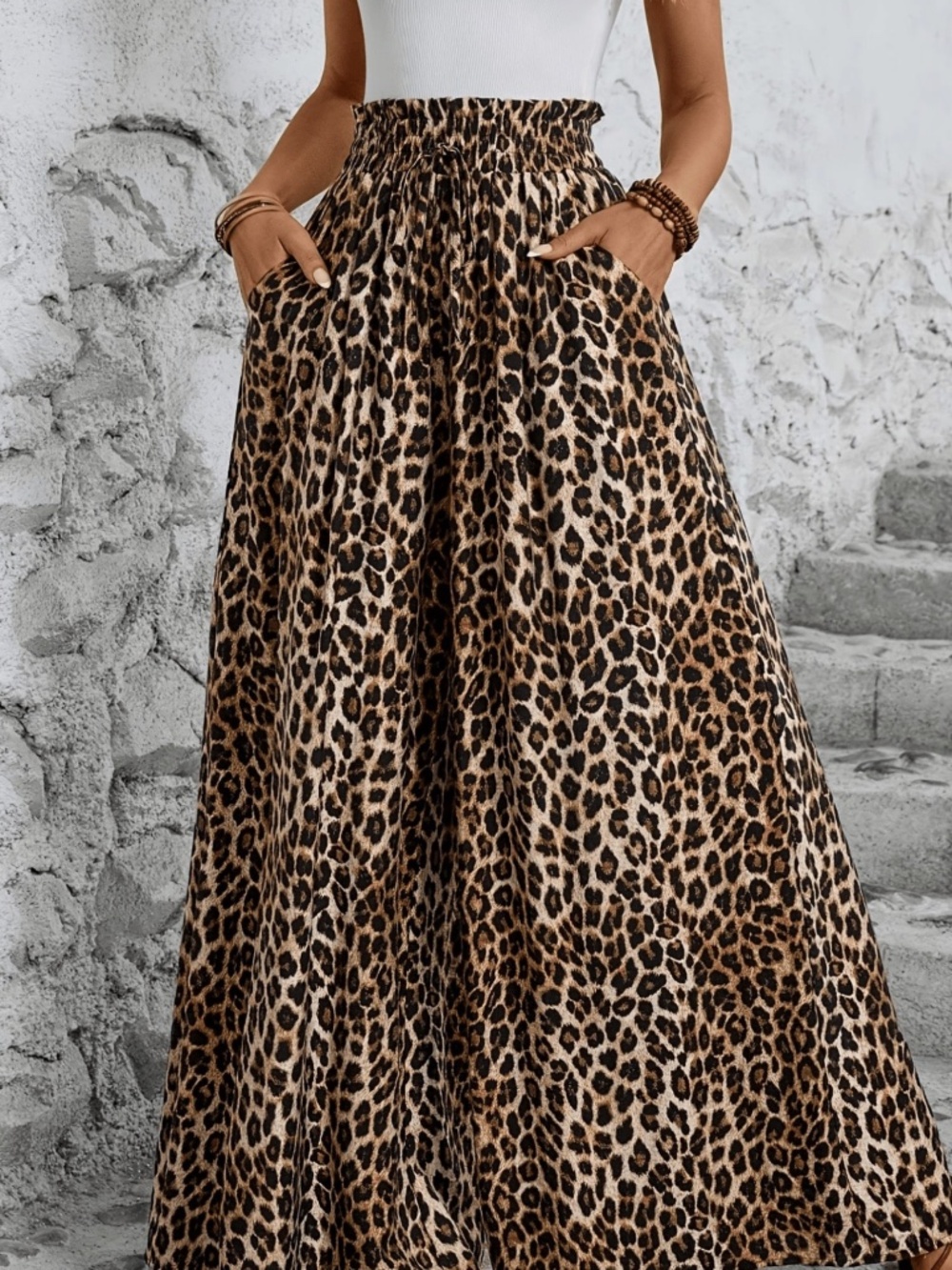 Leopard Print Stretchy Waist Wide leg Pants - Picture 1 of 4